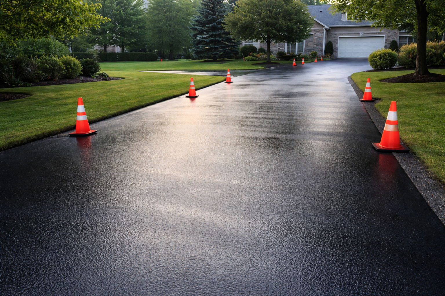 Freshly sealcoated glossy black asphalt parking lot